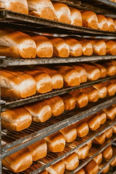 Racks of freshly baked sandwich loaves
